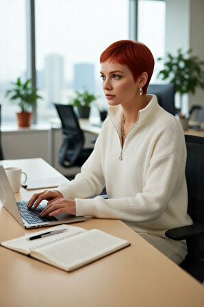 Kadın Oversize Rahat Kesim Düşük Kol Fermuarlı Dik Yaka Triko Selanik Örgü Uzun Kollu Kazak