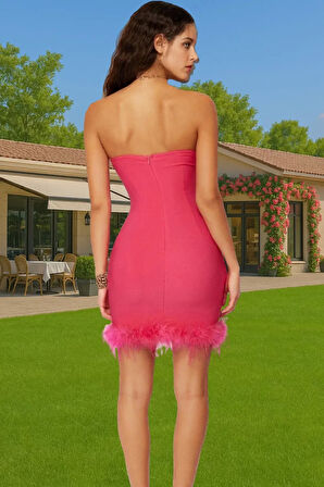 Elbise Bodycon Mini Abiye Tüy Detaylı Finike Dokuma Polyester Yazlık Yüksek Kalite Özenle Seçilmiş