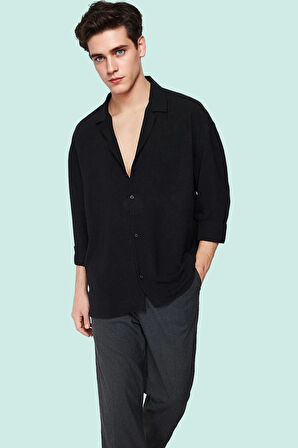 Erkek Yazlık Polyester Gömlek; Apaş Yaka Düz Desen Uzun Kollu Regular Boy Oversize Fit Hafta Sonu