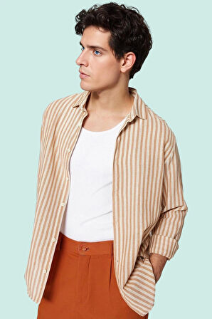 Erkek Premium Dokuma Gömlek Çizgili Desen Rahat Günlük Stil Hafta Sonu Yaz Aylarının Vazgeçilmezi