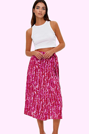 Kadın Yazlık Viskoz Midi Etek Çok Çiçek Desenli Shally Dokuma Rahat Yaz Aylarının Vazgeçilmezi