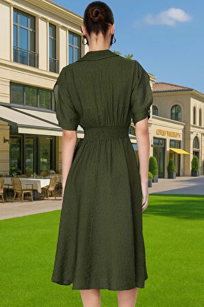 Rahat Dokuma Midi Elbise Gömlek Yaka A Kesim Yazlık Kombin Trend Tasarım Özel Tasarım Mükemmel Uyum