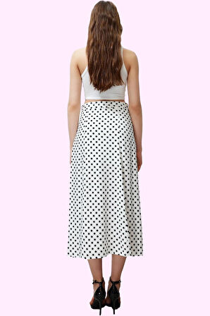 Kadın Yazlık Midi Etek Puantiyeli Yüksek Bel A line Viskoz Kumaş Shally Dokuma Günlük Kullanım