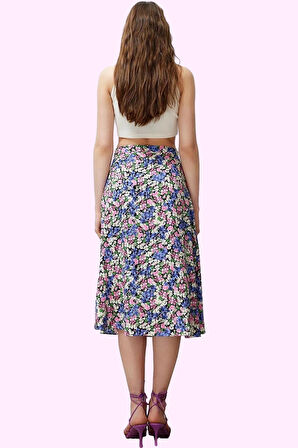 Kadın A line Midi Etek Dokuma Kumaş Viskoz Cepsiz Çiçek Desenli Günlük Yaz Aylarının Vazgeçilmezi