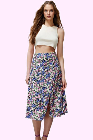 Kadın A line Midi Etek Dokuma Kumaş Viskoz Cepsiz Çiçek Desenli Günlük Yaz Aylarının Vazgeçilmezi