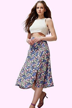 Kadın A line Midi Etek Dokuma Kumaş Viskoz Cepsiz Çiçek Desenli Günlük Yaz Aylarının Vazgeçilmezi