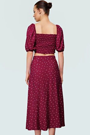 Viskoz Dokuma Puantiyeli Bluz Etek Takım Midi Boy Yırtmaçlı Uzun Ömürlü Dayanıklı Malzeme