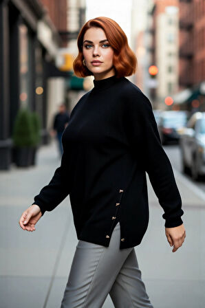 Kadın Basic Relaxed Kalıp Triko Kazak Balıkçı Yaka Düğme Detaylı Uzun Boy Konforlu Kış Kombinleri