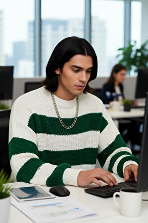 Erkek Günlük Kullanım İçin Şık Çizgili Bisiklet Yaka Akrilik Uzun Kollu Oversize Triko Kazak