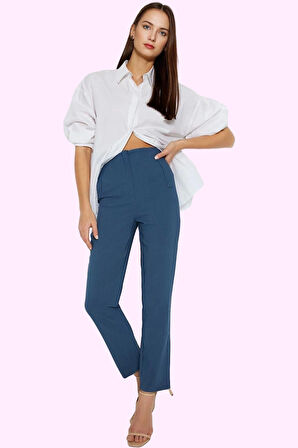 Kadın Polyester Elastan Dokuma Pantolon Yüksek Bel Cigarette Kalıp Tüm Sezonlar Günlük Kullanım