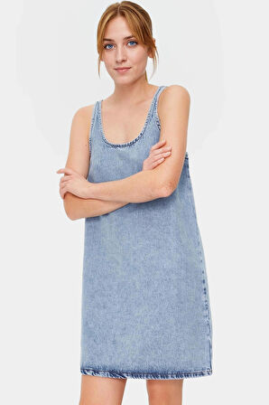 Rahat Kesim Denim Mini Elbise Pamuk Yazlık Stil Konforlu