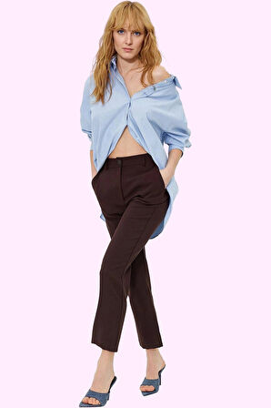 Kadın Polyester Elastan Finike Dokuma Pantolon Boru Paça Normal Bel Günlük Kaliteli Malzeme