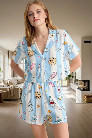 Viskoz Baskılı Pijama Takımı Şortlu Düğmeli Yazlık Rahat Kullanım Günlük İçin