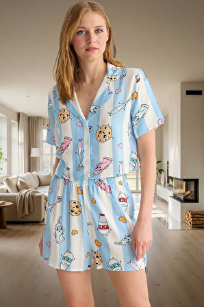 Viskoz Baskılı Pijama Takımı Şortlu Düğmeli Yazlık Rahat Kullanım Günlük İçin