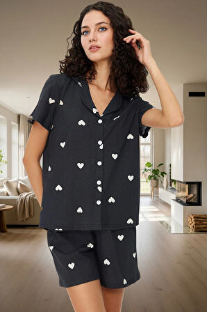Rahat ve Şık Pamuklu Pijama Takımı Kalpli Desen 2 Parça Yaz Mevsimi Kullanım