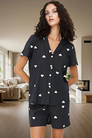Rahat ve Şık Pamuklu Pijama Takımı Kalpli Desen 2 Parça Yaz Mevsimi Kullanım
