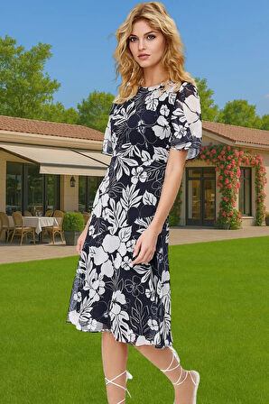 Polyester Midi Elbise Şifon Kumaş A Kesim Melek Kol Astarlı Zarifane Tasarım Trend Tasarım