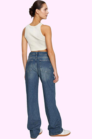 Kadın Pamuk Denim Jean Pantolon Yüksek Bel Geniş Paça Günlük Stil Yaz Aylarının Vazgeçilmezi
