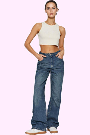 Kadın Pamuk Denim Jean Pantolon Yüksek Bel Geniş Paça Günlük Stil Yaz Aylarının Vazgeçilmezi