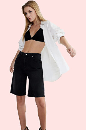 Kadın Yüksek Bel Bermuda Şort Pamuk Denim Kumaş Casual Tarz Günlük Kullanım Modern Tasarım