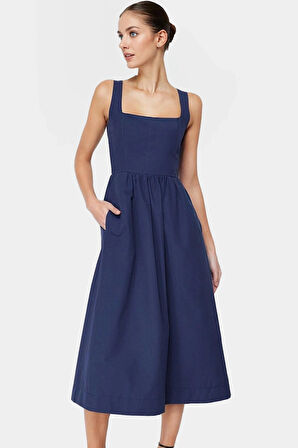 Nefes Alan Pamuklu Polyester Midi Elbise Belden Rahat Günlük Profesyonel Görünüm