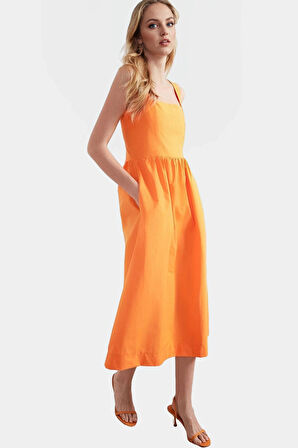 Nefes Alan Pamuklu Polyester Midi Elbise Belden Rahat Günlük Profesyonel Görünüm