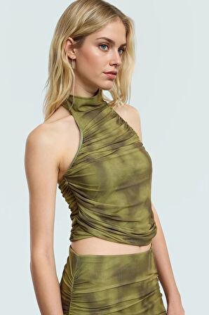 Fitted Halter Yaka Tül Bluz Crop Polyester Yazlık Dayanıklı Malzeme Özel Tasarım