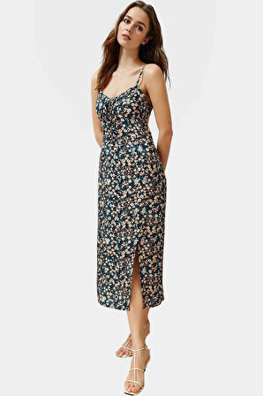 Yazlık Kolsuz Çiçek Desenli A line Midi Elbise Shally Dokuma Viskoz Uzun Ömürlü