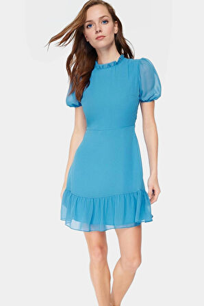 Rahat ve Şık A Line Mini Elbise Şifon Kumaş Balon Kollu Premium Kalite