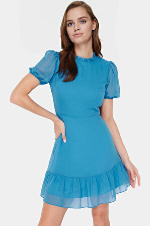 Rahat ve Şık A Line Mini Elbise Şifon Kumaş Balon Kollu Premium Kalite