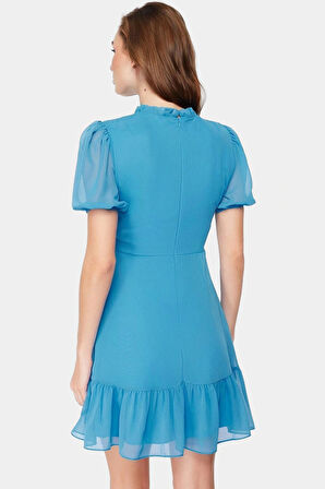 Rahat ve Şık A Line Mini Elbise Şifon Kumaş Balon Kollu Premium Kalite