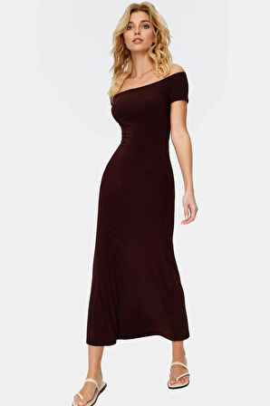 Bodycon Maxi Elbise Carmen Yaka Kısa Kollu Örme Kumaş Yazlık Rahat Ve Şık