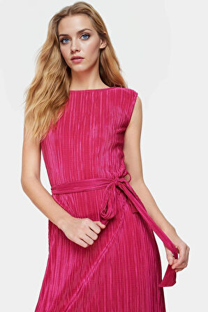 Polyester Örme Kumaş Midi Elbise Shift Kalıp Bisiklet Yaka Vatkalı Uzun Ömürlü