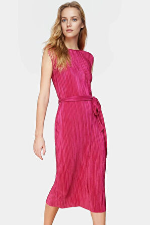 Polyester Örme Kumaş Midi Elbise Shift Kalıp Bisiklet Yaka Vatkalı Uzun Ömürlü