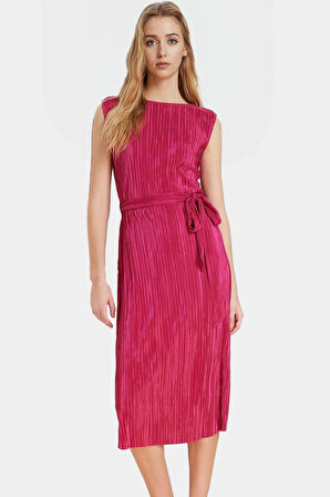 Polyester Örme Kumaş Midi Elbise Shift Kalıp Bisiklet Yaka Vatkalı Uzun Ömürlü