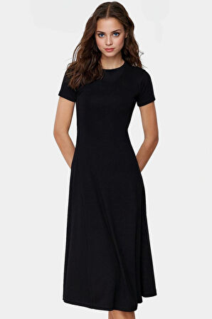 Şık ve Rahat Midi Elbise Viskoz Örme Kumaş Bisiklet Yaka Casual Stil Kullanım Yüksek Kalite
