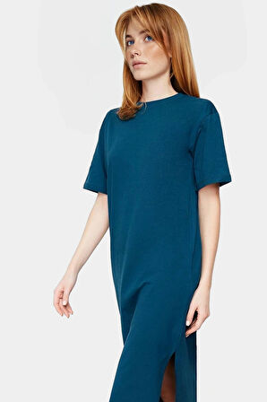 Yazlık %Pamuk Midi Elbise Eskitme Efektli ve Yırtmaçlı Konforlu Kesim Modern Stil