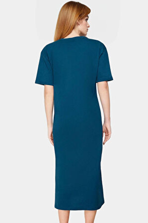 Yazlık %Pamuk Midi Elbise Eskitme Efektli ve Yırtmaçlı Konforlu Kesim Modern Stil