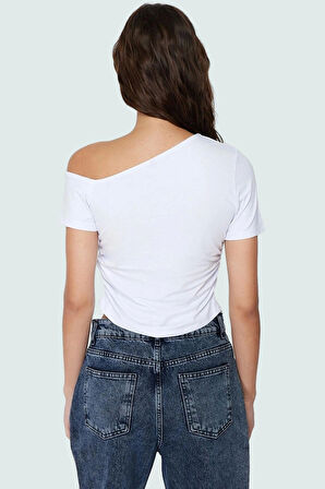 Asimetrik Yaka Basic Crop Bluz Örme Pamuklu Kumaş Yazlık Günlük Kombin Trend Tasarım