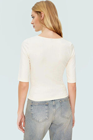 Örme Pamuklu Bluz Kayık Yaka Kısa Kol Vücuda Oturan Günlük Stil Dayanıklı Malzeme