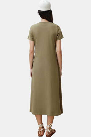 Cep Detaylı Pamuklu Örme Midi Elbise Bisiklet Yaka Rahat Kalıp Özel Tasarım Zarifane