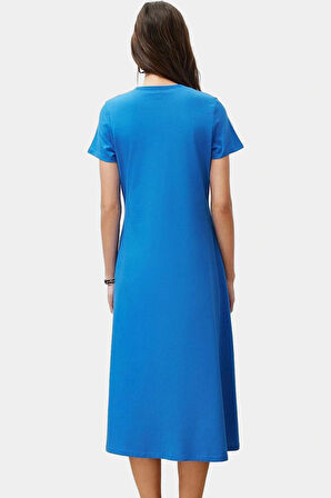 Cep Detaylı Pamuklu Örme Midi Elbise Bisiklet Yaka Rahat Kalıp Özel Tasarım Zarifane