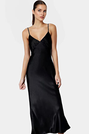 Zarif V Yaka Saten Maxi Elbise Dokuma Kumaş Düz Kesim Yazlık Mükemmel Uyum Profesyonel Görünüm