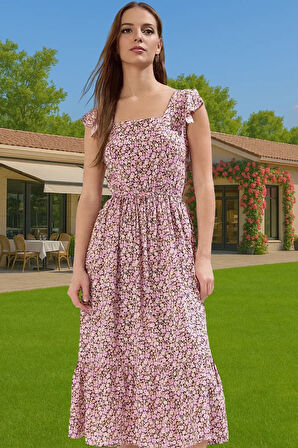 Feminen Çiçekli Desenli Viskoz Midi Elbise Kolsuz Kare Yaka Trend Tasarım Rahat Ve Şık Yüksek Kalite