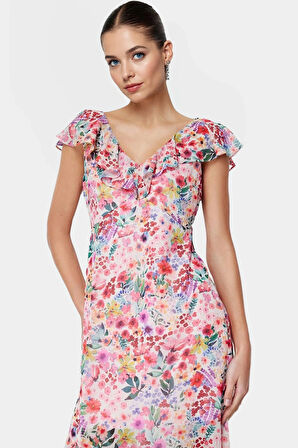 Yazlık A Line Maxi Elbise %Polyester Şifon Kumaş Çiçek Desen Profesyonel Görünüm