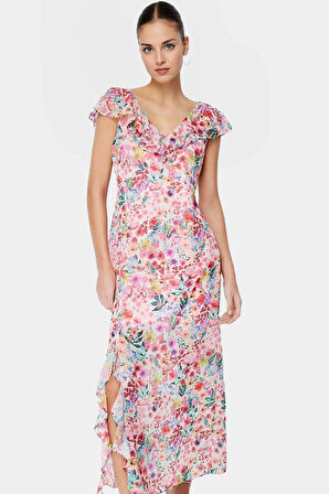 Yazlık A Line Maxi Elbise %Polyester Şifon Kumaş Çiçek Desen Profesyonel Görünüm