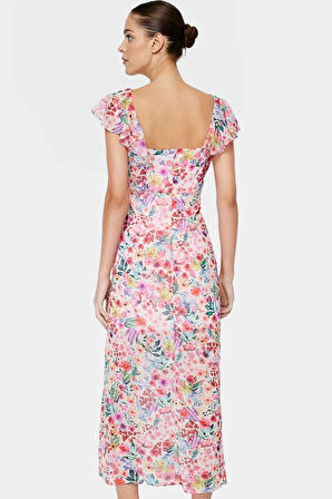 Yazlık A Line Maxi Elbise %Polyester Şifon Kumaş Çiçek Desen Profesyonel Görünüm