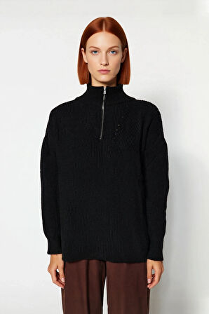 Kadın Oversize Rahat Kesim Düşük Kol Fermuarlı Dik Yaka Triko Selanik Örgü Uzun Kollu Kazak