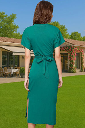 Yazlık Kadın Pamuk Midi Elbise Bodycon Kalıp Bağcıklı Tasarım Modern Stil Profesyonel Görünüm