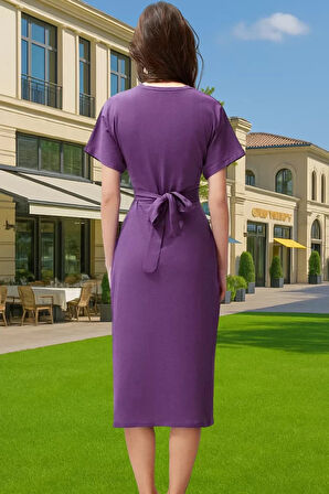 Yazlık Kadın Pamuk Midi Elbise Bodycon Kalıp Bağcıklı Tasarım Modern Stil Profesyonel Görünüm